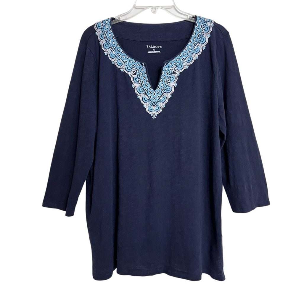 Talbots Boho Embroidered Popover Top Womens XL Blue Split Neck Stretch Comfy